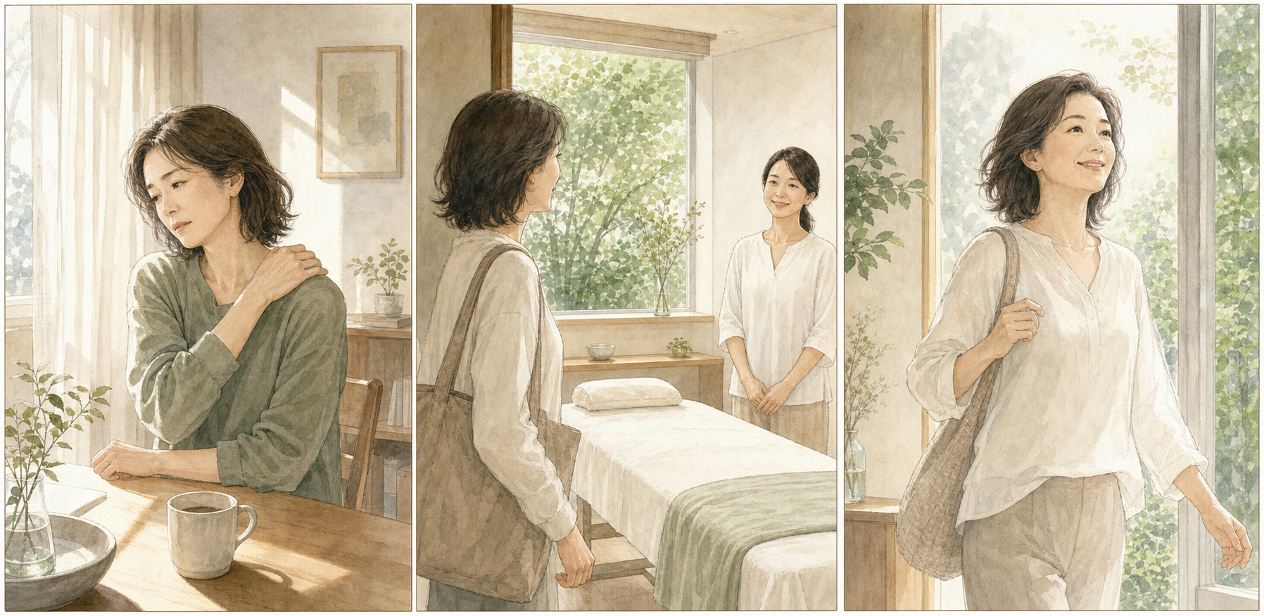 身体の重さを抱えた女性が、静かなサロンを訪れ、軽やかな表情で日常へ戻る3コマ漫画