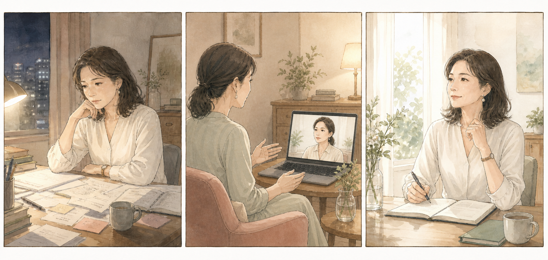 仕事の方向に悩む女性が、Zoomで安心して話し、次の一歩を決める3コマ漫画