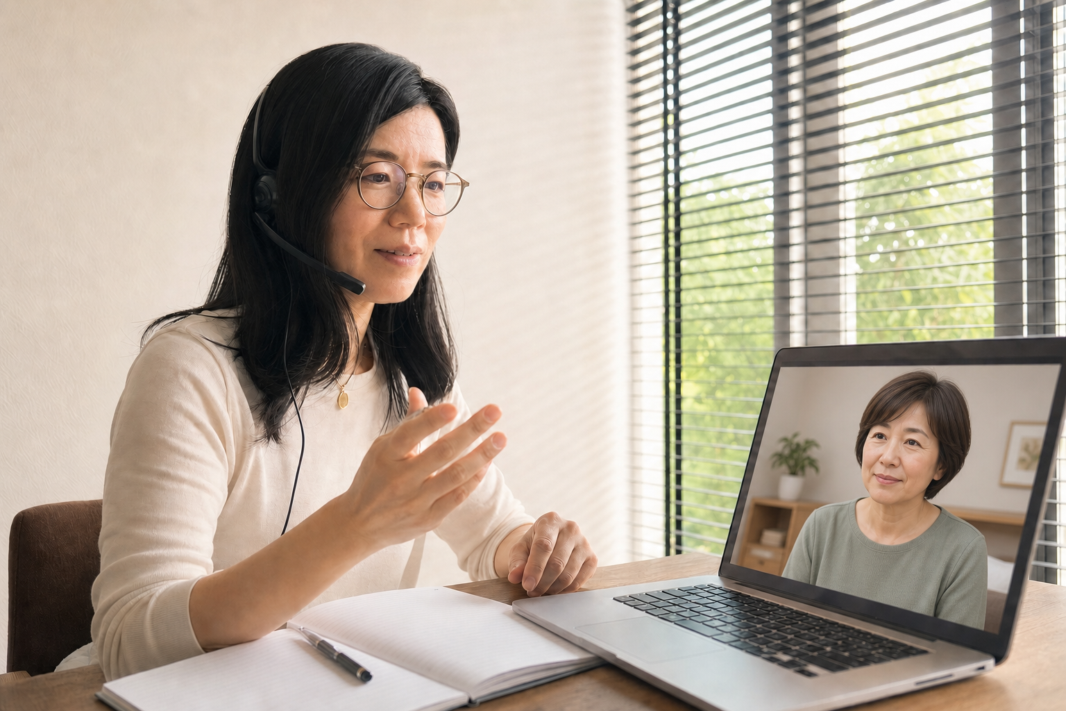 画面越しの相談者に語りかけながら、Zoom対話セッションを行う鈴木なおのイメージ
