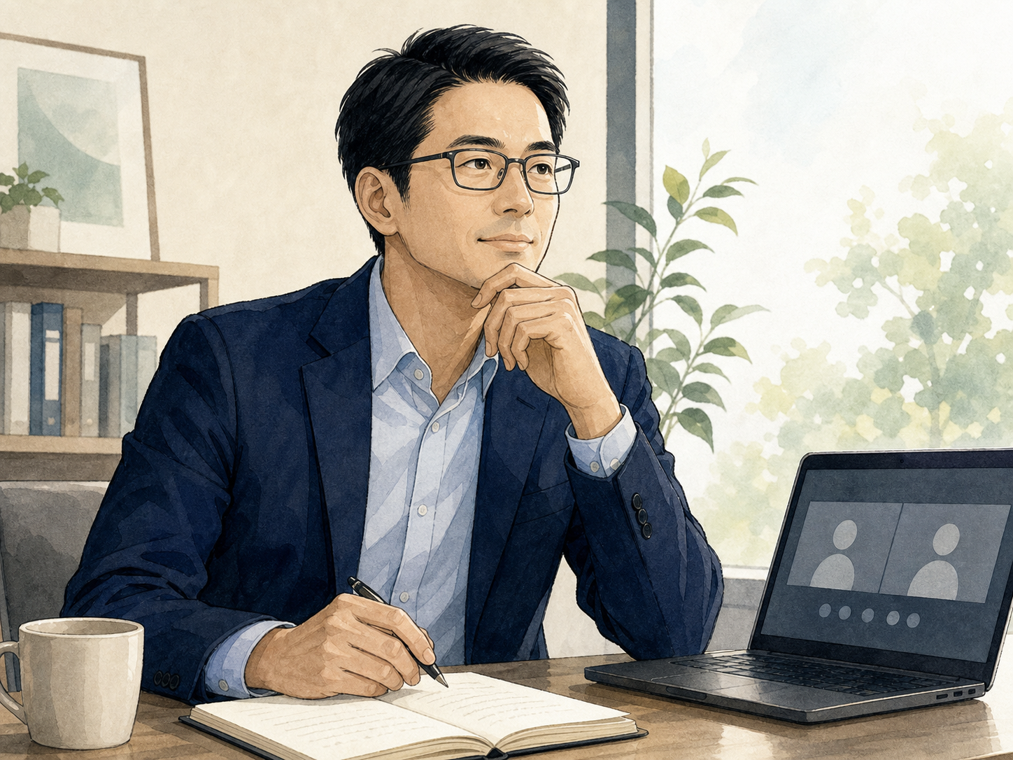 Zoom対話の後、自分の判断軸を見つけた30代男性リーダーのイメージ
